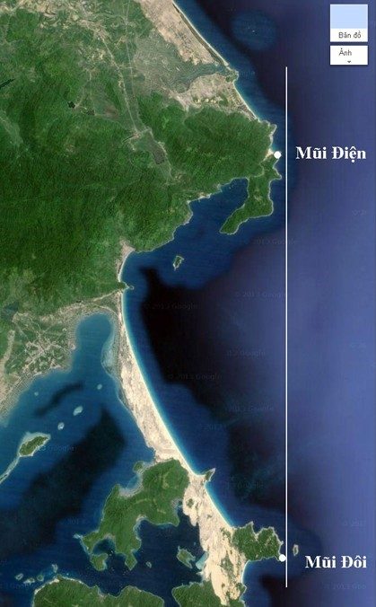 Vị trí của Mũi Điện và Mũi Đôi trên ảnh chụp vệ tinh